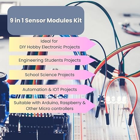 9 in 1 Sensor Module Kit Compatible with Arduino Uno R3, Tayal Mega, Nano, Raspberry Pi | Electronic Kit with Sensors for breadboard & prototyping Projects